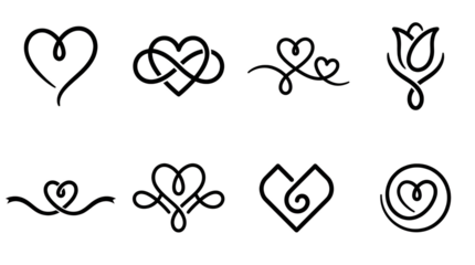 Black heart set including infinity, floral, swirl, ribbon, and minimalist line art designs isolated. Romantic symbol and wedding decoration collection.
