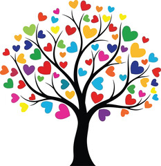 Obraz premium A stylized black silhouette of a blooming tree featuring numerous vibrant, multicolored heart shapes instead of traditional leaves, symbolizing love.