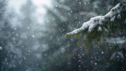 Pine tree branch with falling snowflakes illustrating winter weather, frosty nature scene, and seasonal background aesthetics