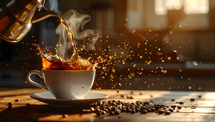 Hot Coffee Splash Into White Cup From Moka Pot on Wooden Table with Scattered Beans and Steam Rising in Warm Morning Sunlight Creating an Inviting Atmosphere