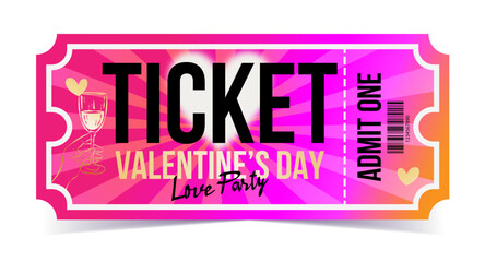 Valentine's Day party ticket template. Pink, soft gradient background with translucent rays, hand with a glass, heart, modern bright design.