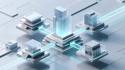 Visualizing a Modern Financial Infrastructure Concept with Interconnected Digital Systems for Global Economic Stability and ESG Investment, set in a Futuristic Abstract Isometric Network