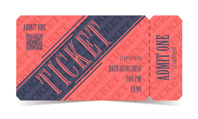 Ticket template for various events. Universal, retro design 80s, 90s.