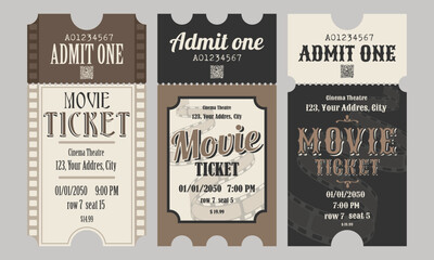 Set of tickets for the cinema, retro design. Text, date, time, row, place, one person.