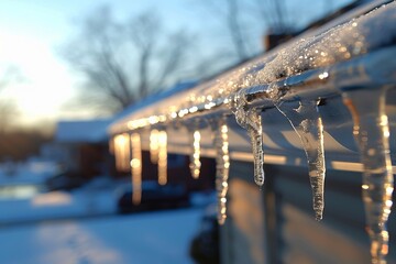 Melting snow on roof gutters and downspouts  a sunny winter day transitioning to spring