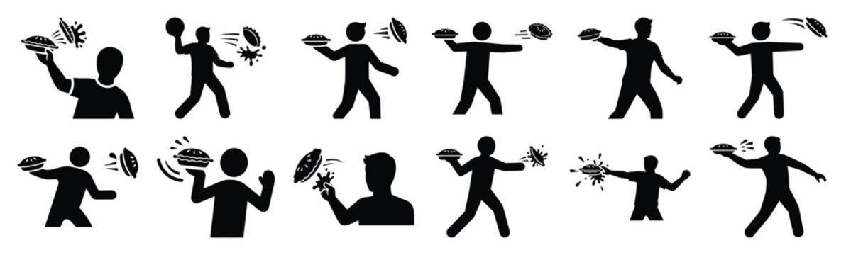 Set of prank pie throw silhouette art. Funny large pack of vector silhouette design and isolated on white background