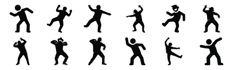 Obraz premium Set of silly dance pose silhouette art. Funny large pack of vector silhouette design and isolated on white background
