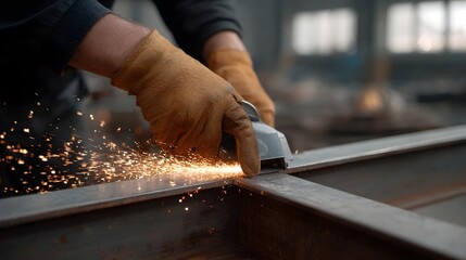 Close up of a worker s gloved hands using an angle grinder to cut a metal beam generating bright sparks in a workshop