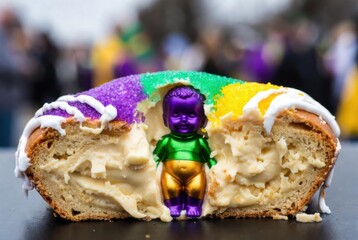 Colorful king cake slice with baby figurine placed on top festive detail for Mardi Gras celebration.