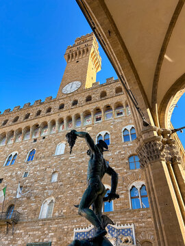 Perseus stands in front of Palazzo Vecchio in Florence