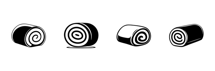 Swiss Roll Cake Icons In Hand Drawn Style Set. Dessert, Pastry, Sweet Treat Doodle Sketch Collection. Bakery And Confectionery Illustration. Isolated Vector Illustration