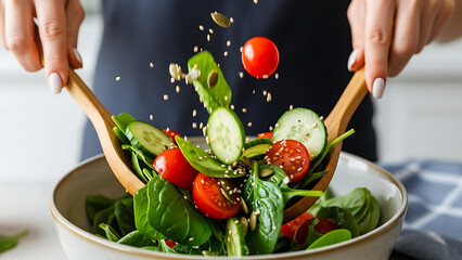 Preparing a fresh healthy salad with vegetables and seeds