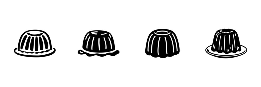 Jelly Dessert Icons In Hand Drawn Style Set. Sweet Treats, Gelatin, Pudding Doodle Sketch Collection. Culinary Art, Dessert Presentation. Isolated Vector Illustration
