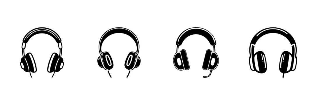 Headphones And Headsets In Hand Drawn Style Set. Audio Devices, Communication Tools, Music Listening Doodle Sketch Collection. Isolated Vector Illustration - Powered by Adobe