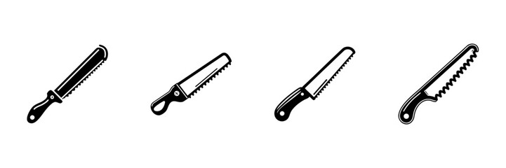 Obraz premium Bread Knife Icons In Hand Drawn Style Set. Kitchen Utensils, Baking Tools, Culinary Equipment Doodle Sketch Collection. Cooking And Food Preparation. Isolated Vector Illustration