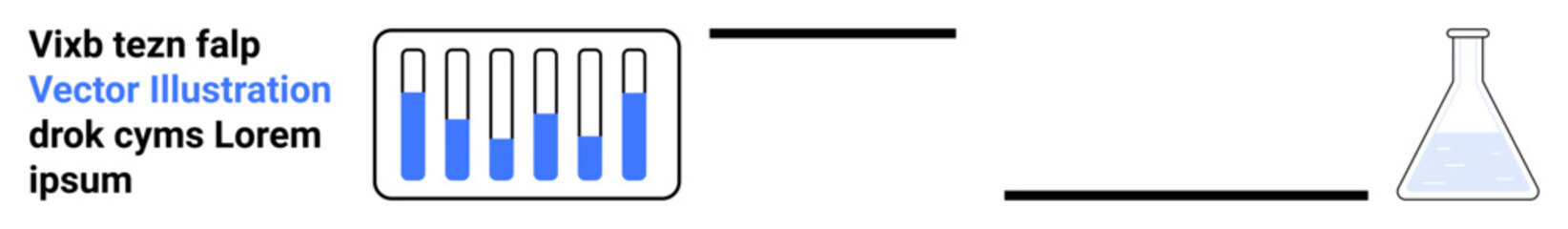Test tubes with blue liquid connected to an Erlenmeyer flask through horizontal lines, representing lab processes. Ideal for science, research, chemistry, education, analysis, experimentation, simple