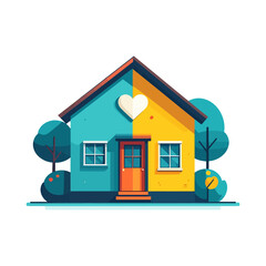 Colorful Split House with White Heart Icon Representing Home and Love