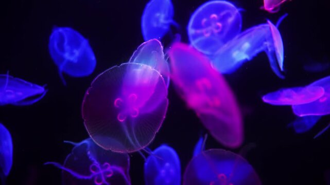 Translucent Aurelia drift in slow motion, four lobed gonads and tentacles glow under shifting lighting at a Gran Canaria aquarium against a deep black backdrop.