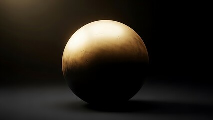 Illuminated sphere on a dark surface, casting a subtle shadow with light play and dramatic contrast