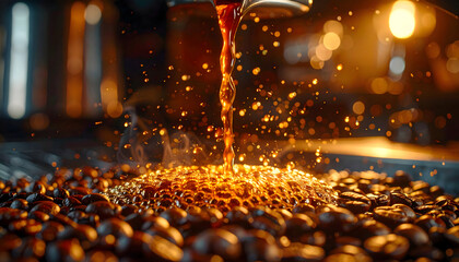 Close up shot of freshly roasted coffee beans with hot espresso being poured creating a splash of rich brown liquid and amber light illuminates the scene with bokeh background lighting in a dark