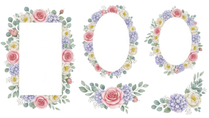 Watercolor Midsummer floral Frames collection with hand painted delicate leaves, flowers. Romantic floral arrangements perfect for wedding greeting cards, invitation. High quality  illustration.