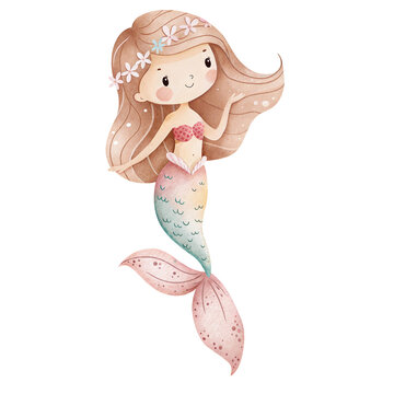 Watercolor illustration of a cute little mermaid with brown hair wearing a flower crown, isolated on white background. Adorable underwater fantasy character