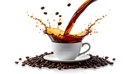 Dark Hot Coffee Pouring into White Cup With Splash and Coffee Beans Scattered on White Saucer Studio Shot