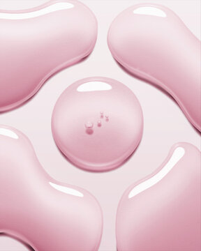 Pink serum oil skin care sample swatch round shape with bubbles texture isolated on pastel pink background. Skincare cosmetic hyaluronic acid retinol collagen science lab product