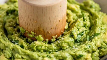 A close-up of freshly made guacamole with a wooden masher