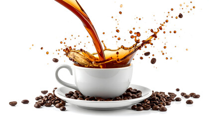 Dynamic Coffee Splash Overflows White Ceramic Cup Surrounded by Dark Roasted Beans on White Background Energetic Morning Beverage Concept Dramatic Lighting