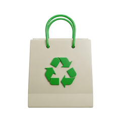 White paper shopping bag with green recycling symbol isolated on transparent background