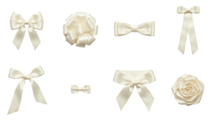 Cream satin ribbon set including traditional bow, pompom, loop, and floral rose shapes. Decorative gift wrapping and wedding accessory collection.