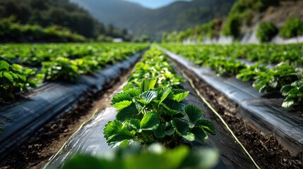Vibrant strawberry plants in lush greenery at a scenic hillside farm.