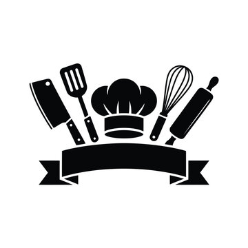 Culinary tools and chef s hat a black and white illustration
