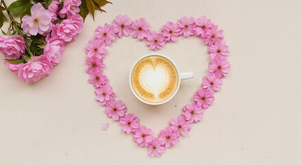Coffee cup with heart latte art surrounded by pink flower petals  