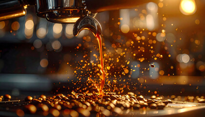 Espresso Machine Brewing Rich Dark Coffee Stream Onto Roasted Beans With Golden Sunlight Backlighting Creating Aromatic Warmth And Inviting Cafe Atmosphere