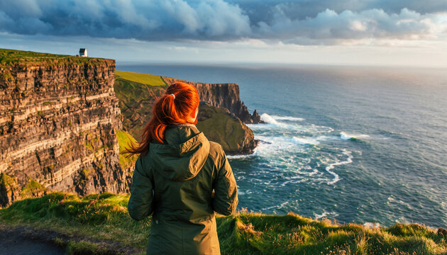 Redhead Woman Overlooking Cliffs of Moher Landscape at Sunset