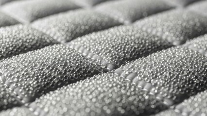 Obraz premium Close-up of a gray quilted fabric surface with translucent spherical beads. Abstract texture background with granular pattern. Modern material detail