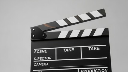 Film clapperboard on a light gray background. Movie production concept with copy space