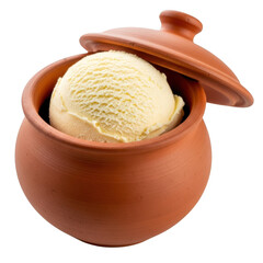 Scoop of vanilla ice cream in a clay pot isolated on transparent background