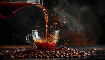 Hot Dark Coffee Being Poured Into A Clear Glass Cup Overflowing Onto Roasted Coffee Beans With Steam Rising In A Dramatic Dark Background With Bokeh Lights