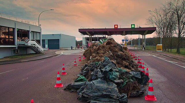 Semur-en-Auxois, FRANCE - JANUARY 16, 2026: Agricultural debris and soil cleared from A6 highway exit 23 following French farmers' protest. Road access restored after blockade at toll booth.
Категория