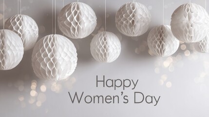 Happy Women's Day greeting with elegant white honeycomb balls and soft bokeh lights