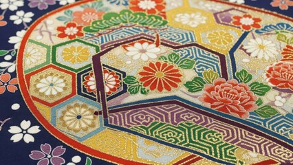 Fototapeta premium A traditional Japanese textile with intricate floral and geometric patterns. Colorful silk fabric with gold thread details for a kimono. Elegant Asian cultural background