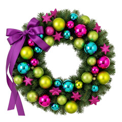 Festive christmas wreath with colorful ornaments and purple bow isolated on transparent background