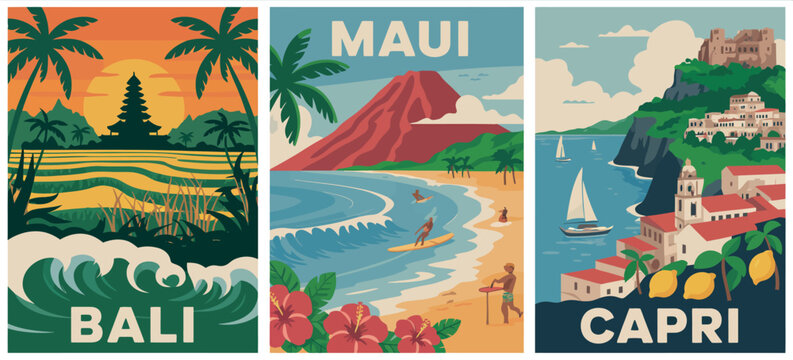 Travel Destination Poster &ndash; Maui, Hawaii, Bali, Indonesia, Capri, Italy landscape vector art illustrations