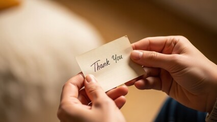 A person's hands holding a small handwritten note with the words 'Thank You'. Expressing gratitude and appreciation with a personal message