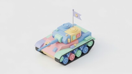 Obraz premium Stylized 3D render of a pastel-colored toy tank. Cute low-poly military vehicle illustration on white background. Copy space