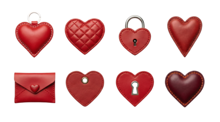 Red leather heart set including keychain, padlock, quilted pattern, envelope, and tags isolated. Valentine's Day and romantic crafting collection.