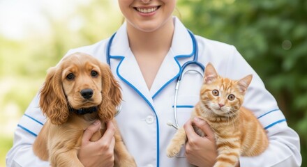 Veterinary Professional Holding Cocker Spaniel Puppy and Kitten. Smiling Vet in Lab Coat with Stethoscope and Pets. Caring Interaction with Light Brown Puppy and Orange Kitten.